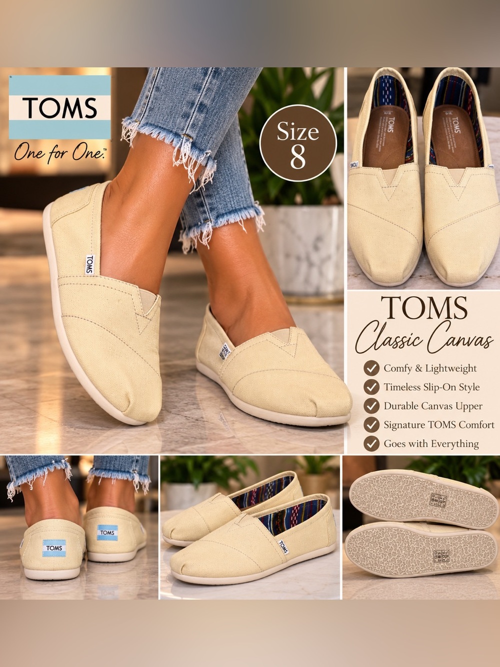 TOMS Classic Canvas Slip-Ons in Beige size NWT